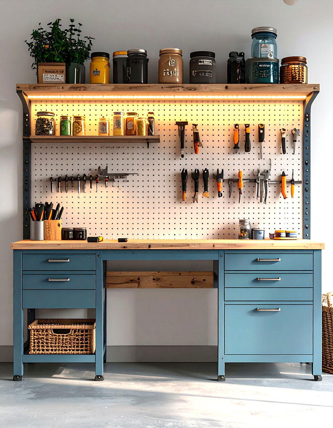 Pegboard Backed Garage Workbench with Overhead LED Light - 25 garage workbench ideas