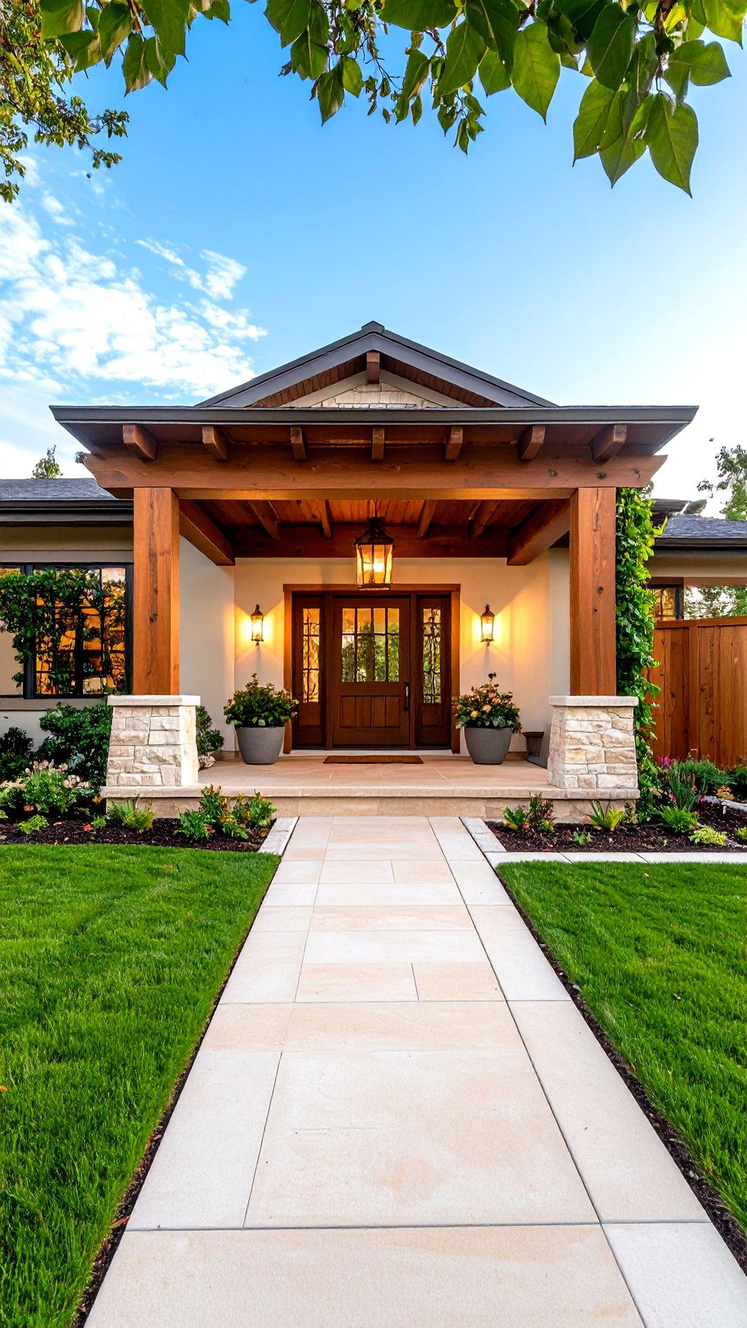 Pergola Framed Entry Adds Depth to a House Exterior - 25 aesthetic house exterior ideas