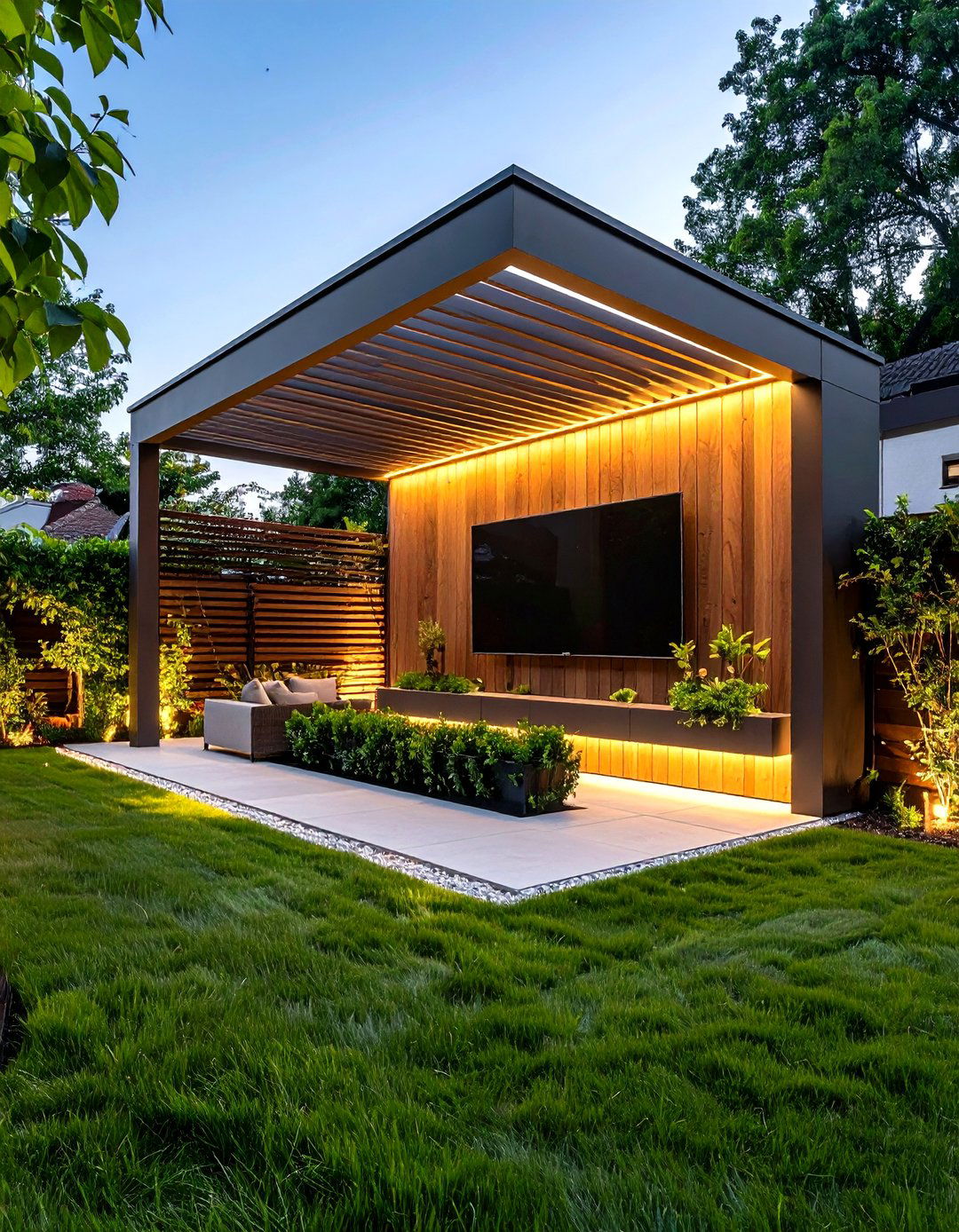 Pergola Privacy Wall Mount Keeps Sightlines Clean - 25 outdoor tv ideas