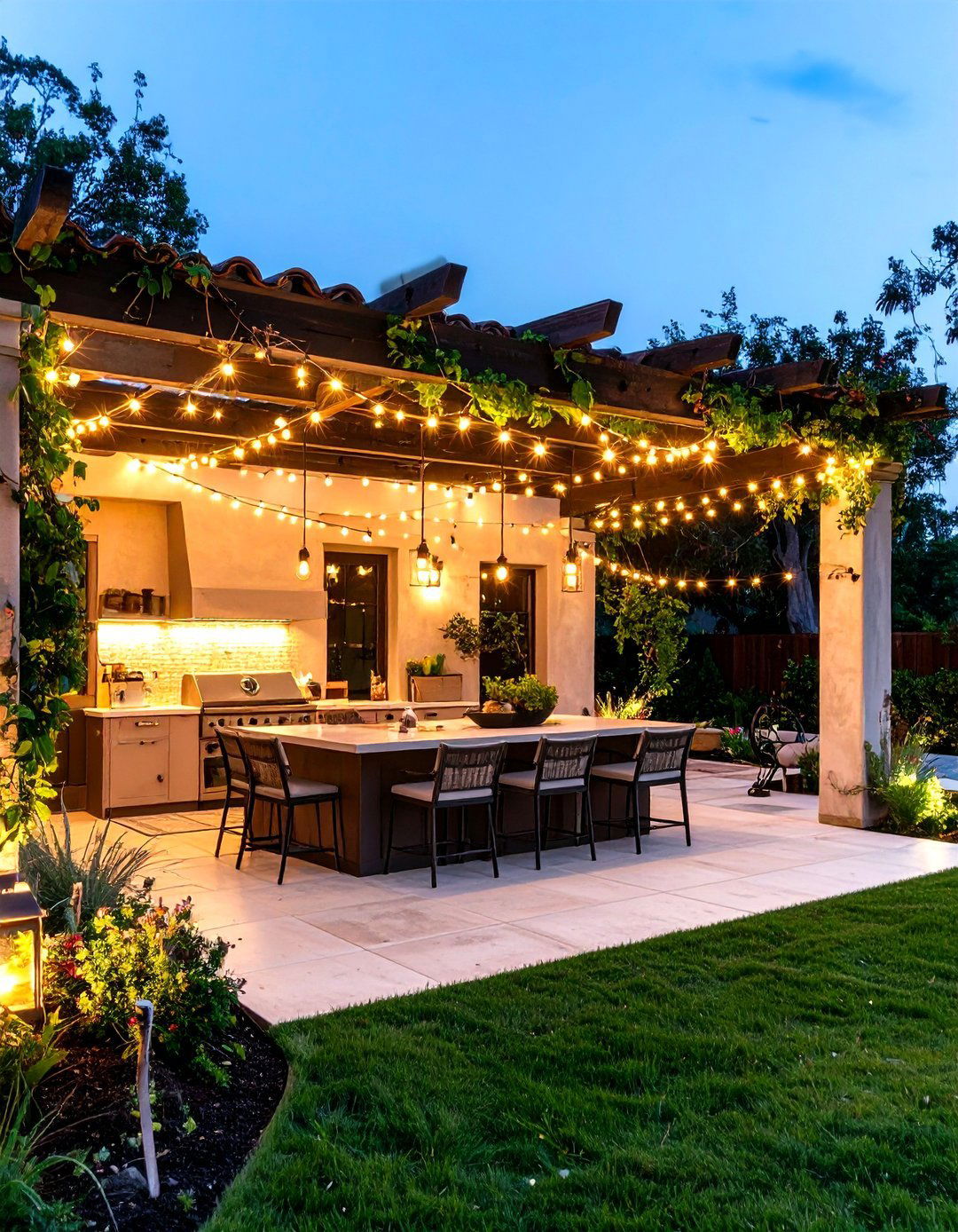 Pergola Tied Lighting Scheme - 25 Stucco Outdoor Kitchen Ideas