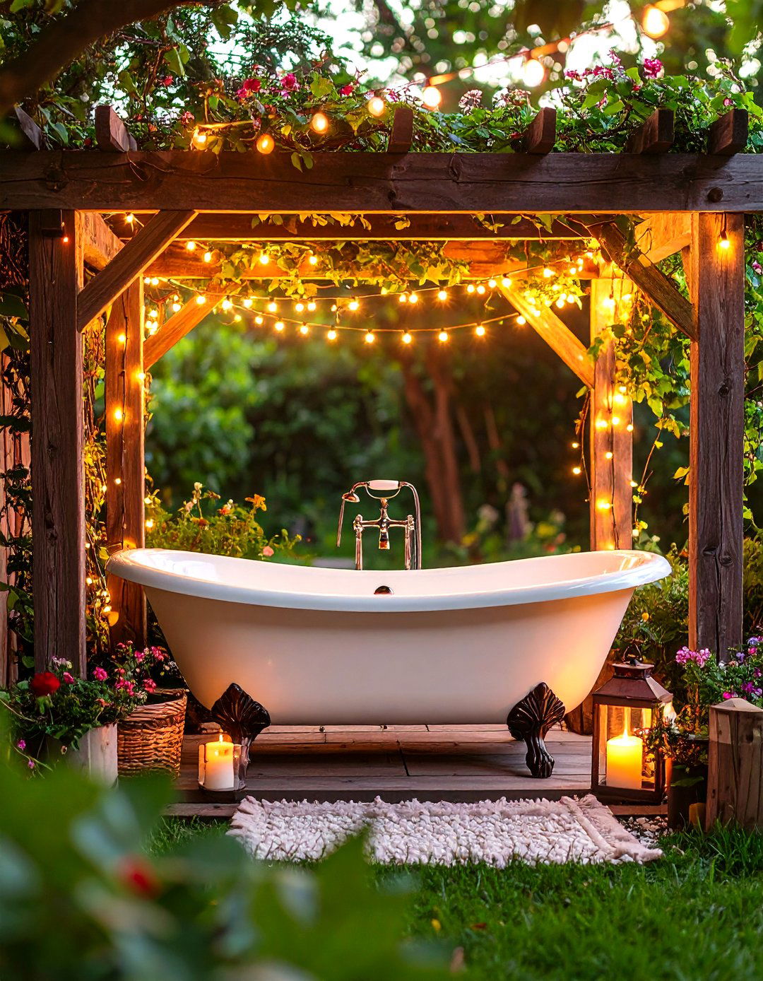 Pergola Topped Clawfoot Outdoor Bathtub - 25 outdoor bathtub ideas