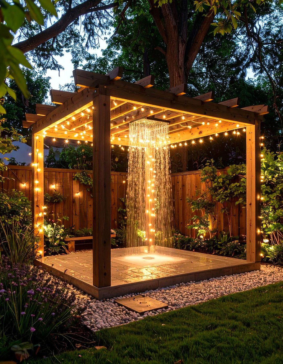 Pergola and String Lights Outdoor Shower - 25 outdoor shower ideas