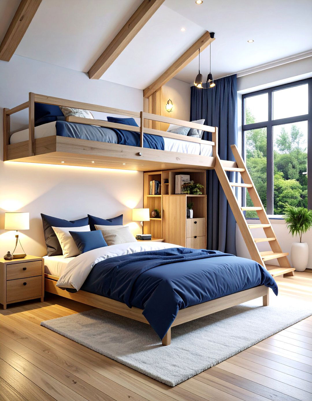 Perpendicular Loft and Low Bed Under the Window - 25 2 beds in one small room ideas