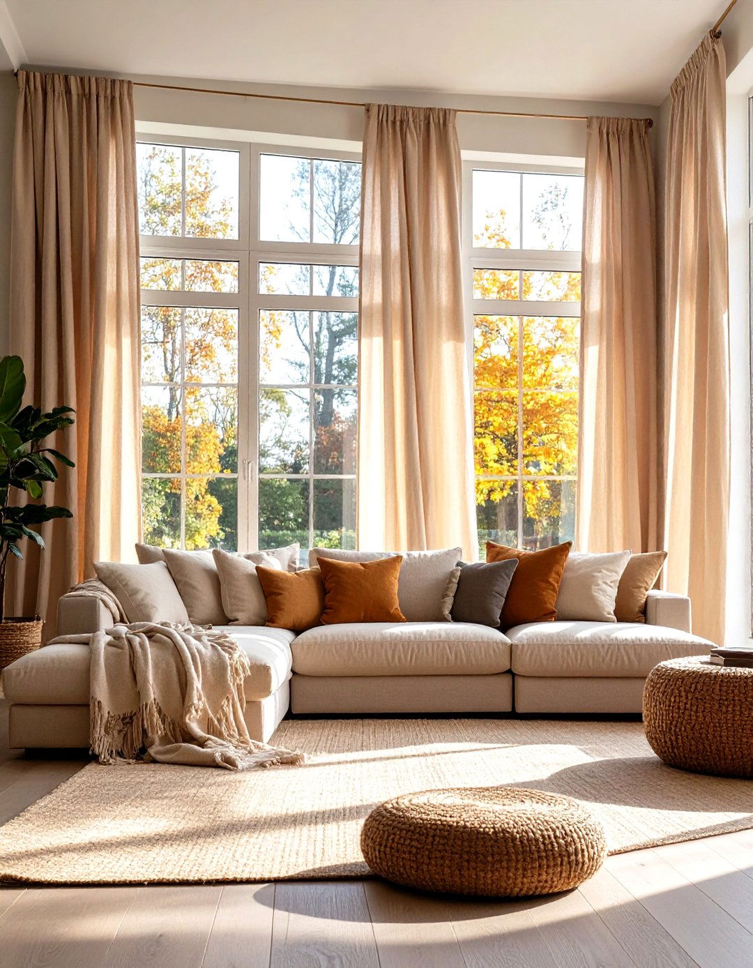 Picture Windows Framed with Billowing Linen - 25 organic modern living room design ideas