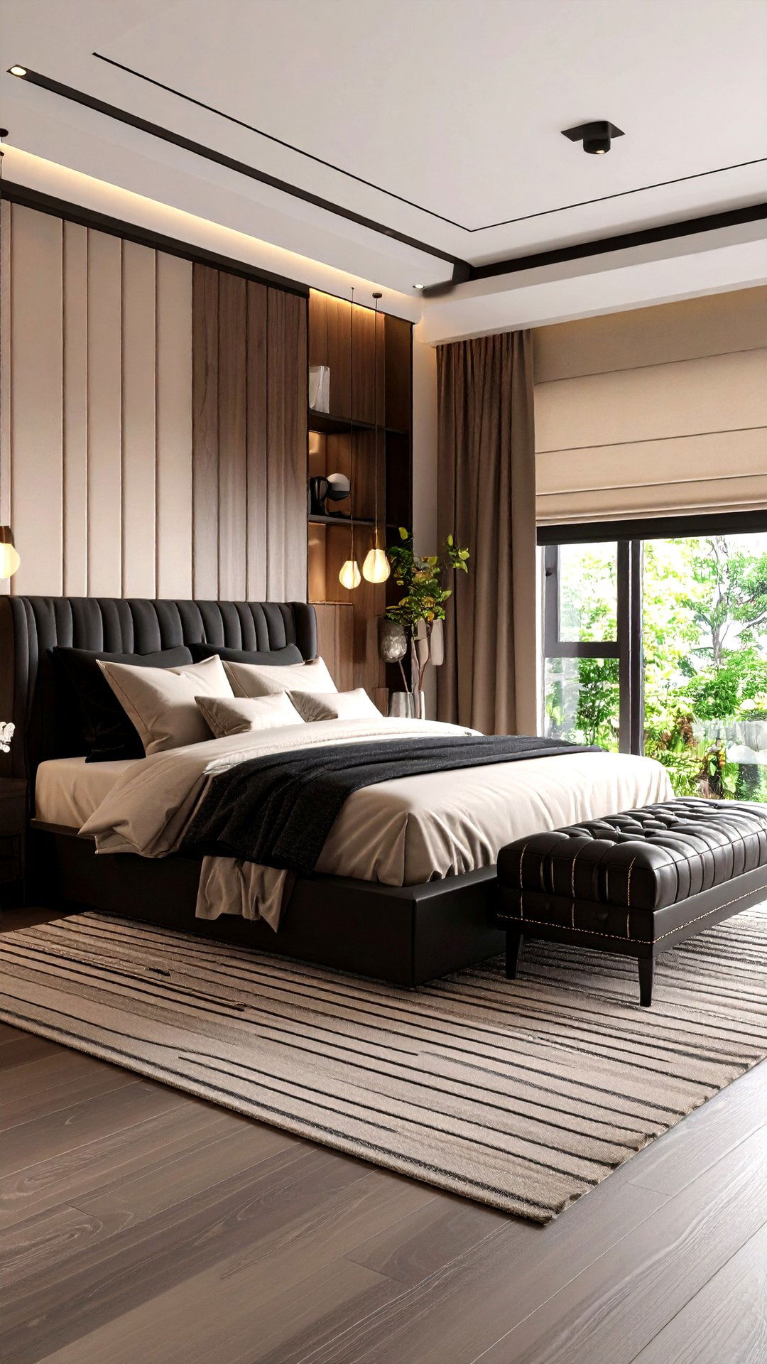 Pinstripe Accents Tailor a Black and Beige Bedroom - 25 black and beige bedroom design ideas