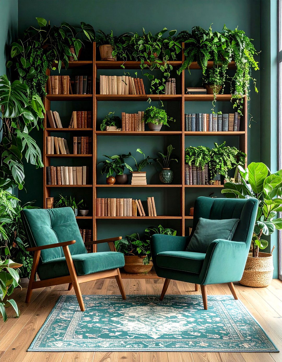 Plant Layered Biophilic Library - 25 dark green home library ideas and inspiration