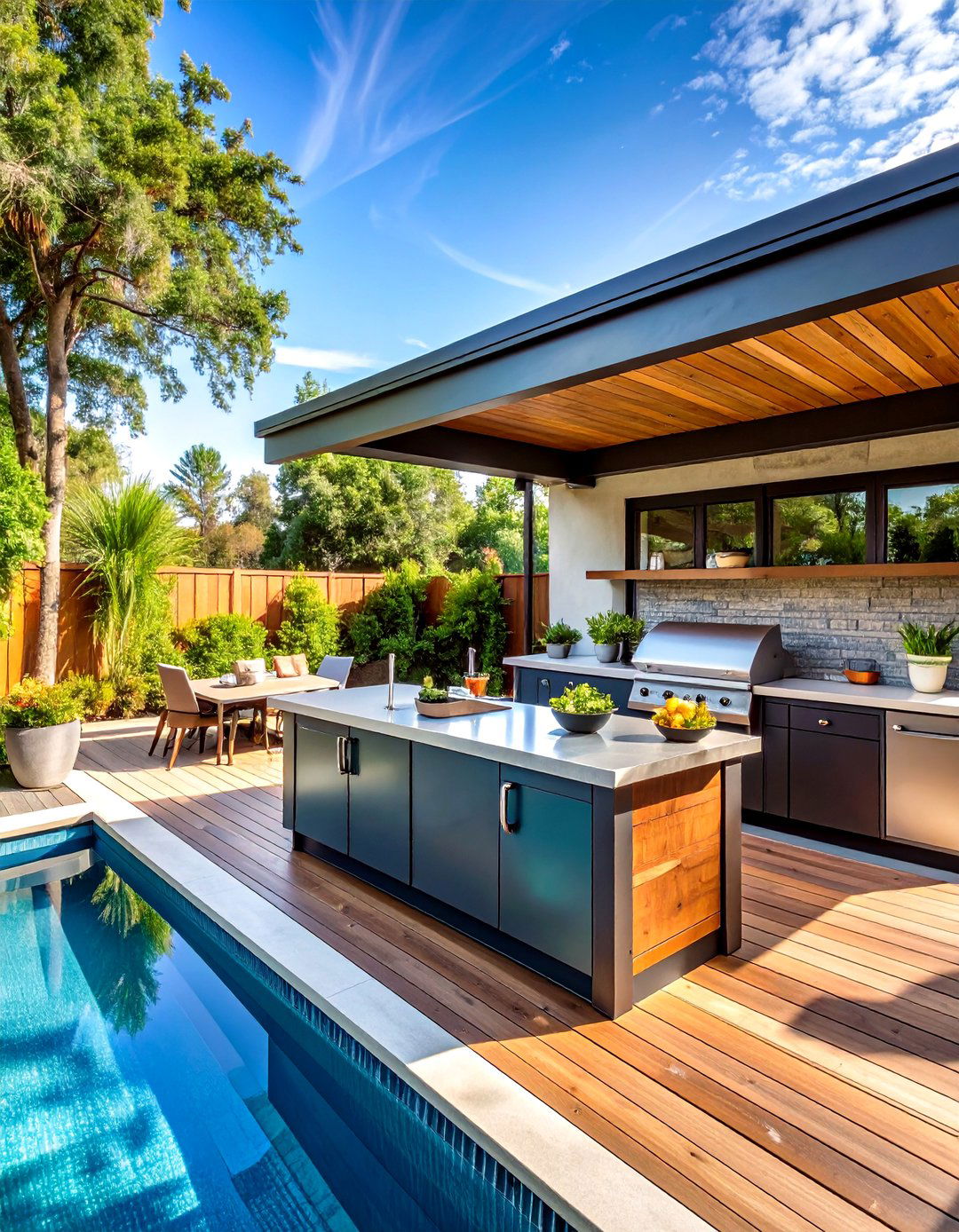Pool Deck with Outdoor Kitchenette - 25 above-ground pool with deck ideas