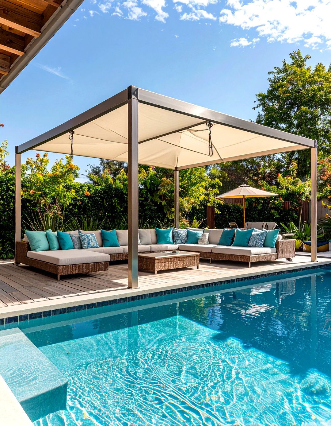 Pool Deck with Retractable Shade Sail - 25 above-ground pool with deck ideas