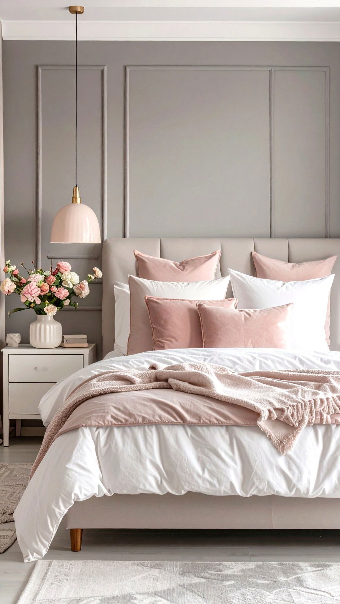 Pops of Blush Pink in a Grey and White Bedroom Palette - 25 grey and white bedroom ideas