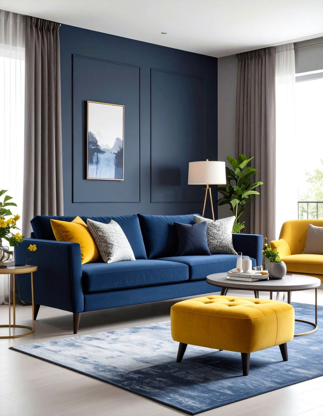 Pops of Mustard Energize the Palette - 25 navy blue and grey living room ideas
