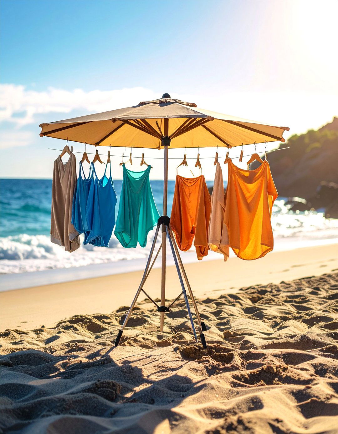 Portable Tripod Umbrella Clothesline for Camping or RV Life - 25 outdoor clothesline ideas