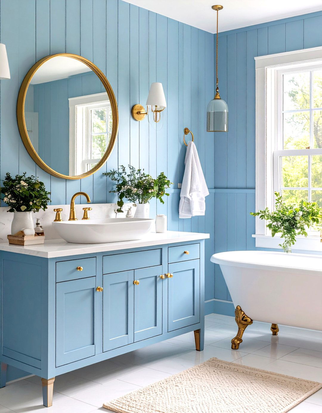Powder Blue Beadboard Bathroom with Gold Hooks - 25 blue and gold bathroom ideas