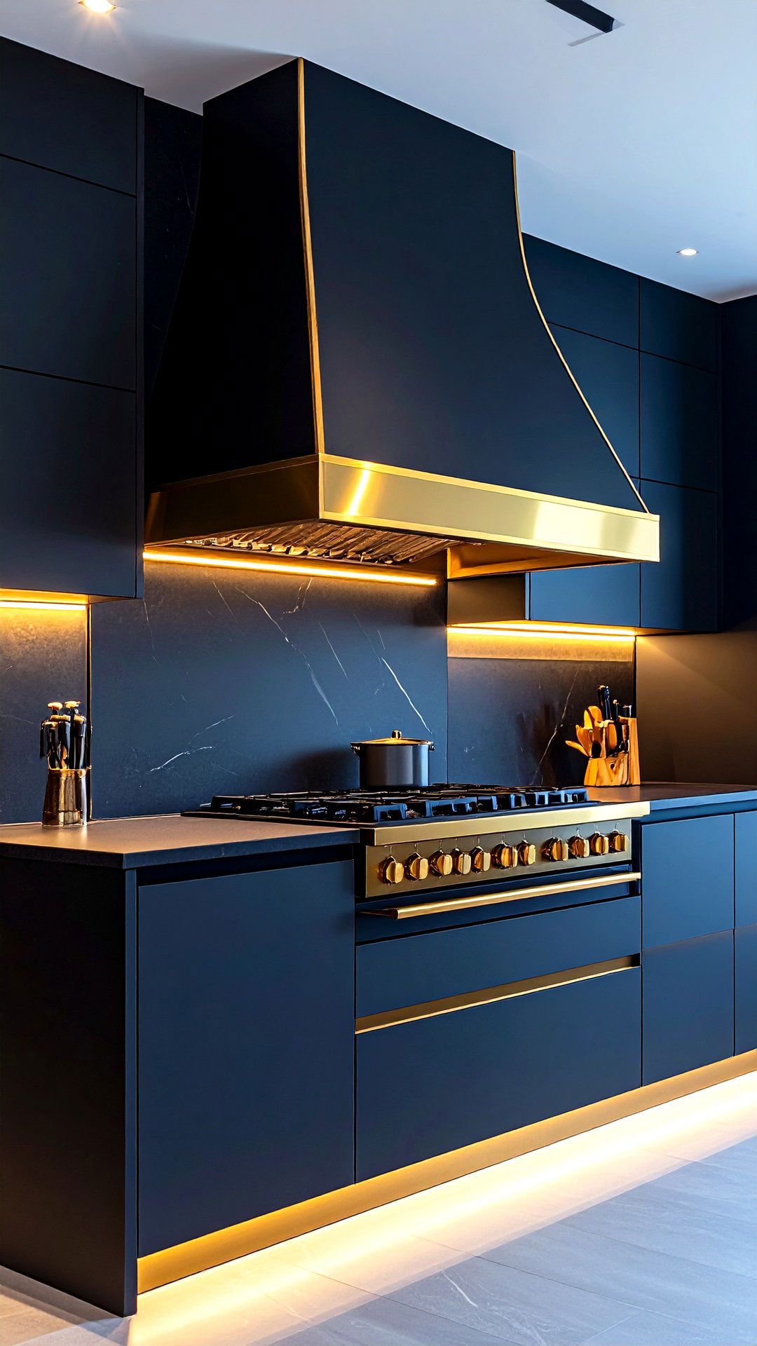 Powder Coated Black Hood with Brass Trim - 25 art deco kitchen ideas