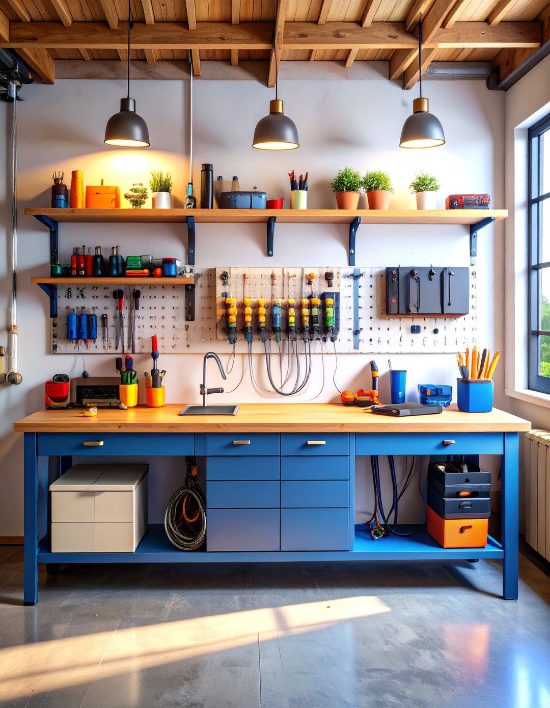 Power Strip Equipped Garage Workbench to Minimize Cord Clutter - 25 garage workbench ideas
