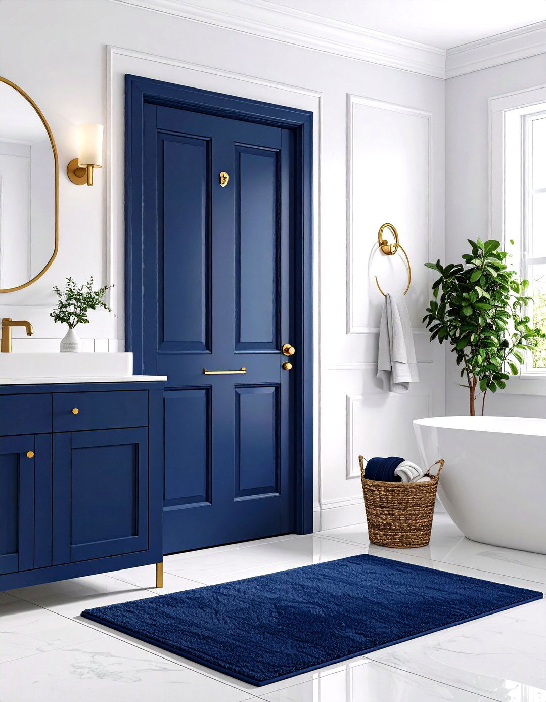 Prussian Blue Door Bathroom with Gold Lever Handles - 25 blue and gold bathroom ideas