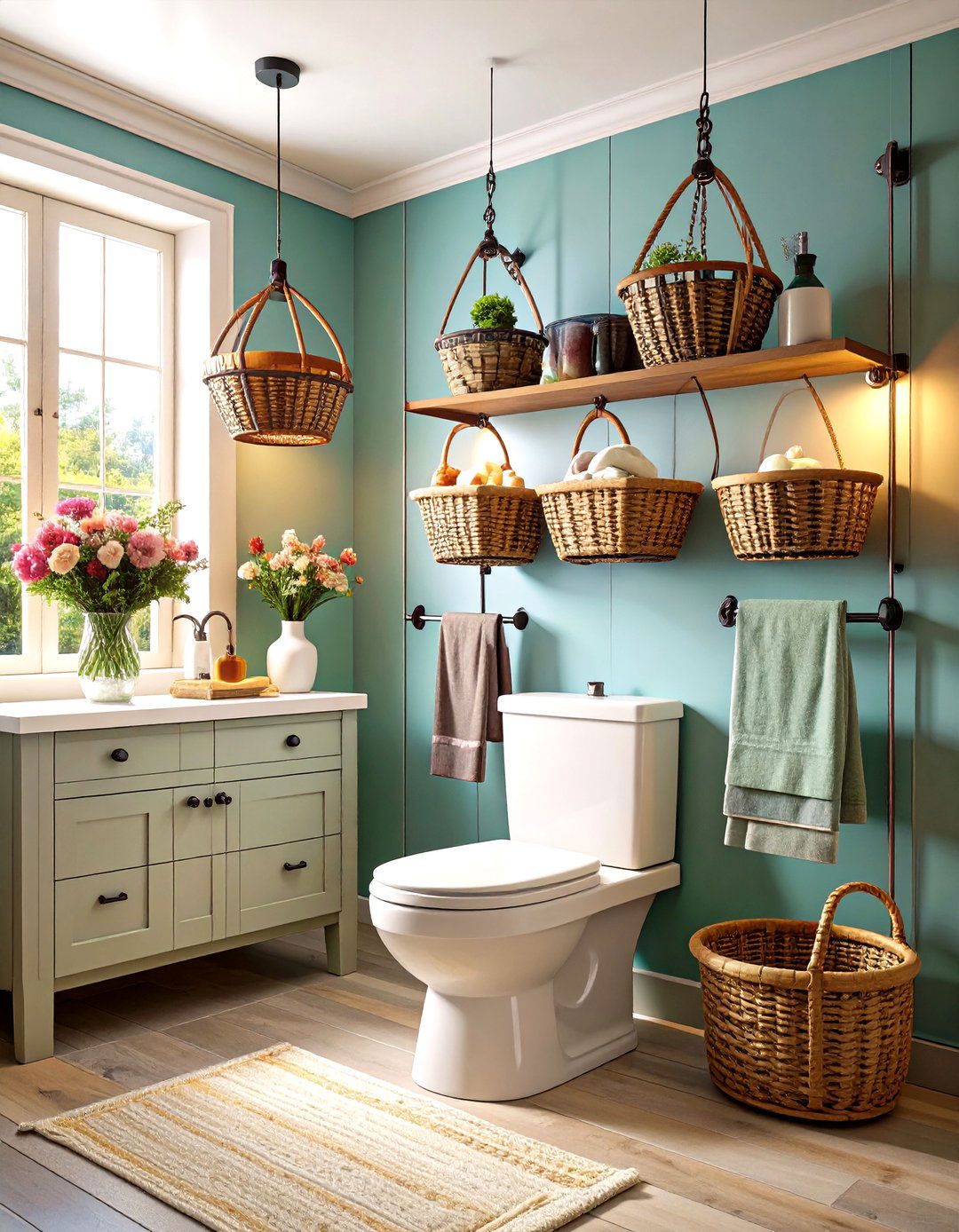 Pull Down Hanging Basket System - 25 over toilet storage ideas