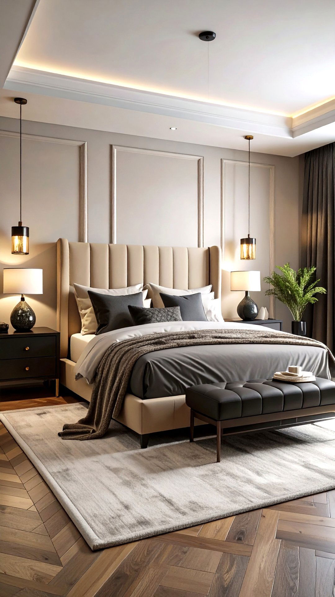 Quiet Luxury Upholstery in a Black and Beige Bedroom - 25 black and beige bedroom design ideas