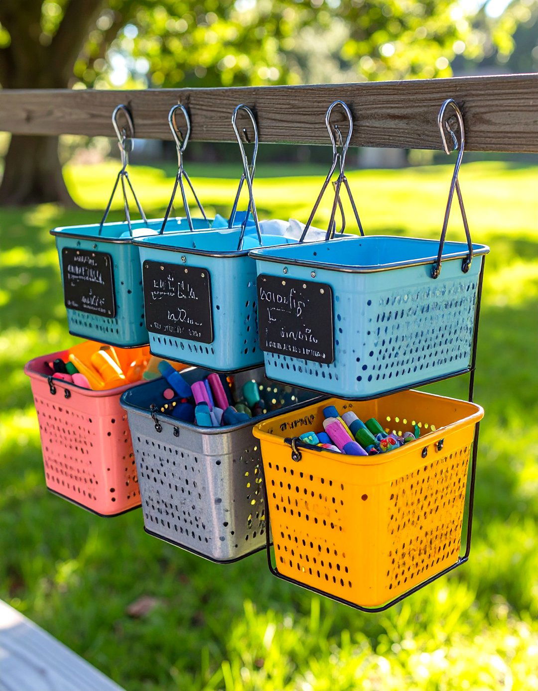 Railing Hanging Wire Baskets Keep Small Parts Handy - 25 outdoor toy storage ideas