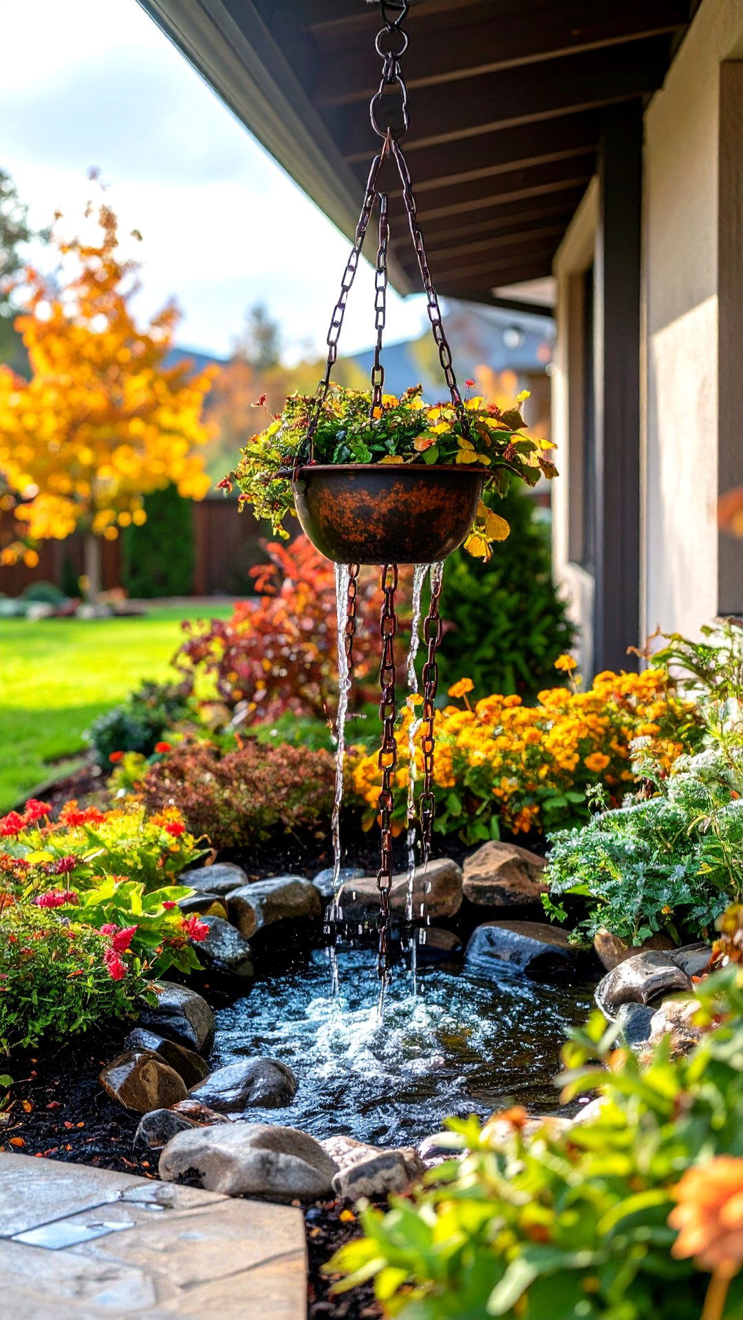 Rain Chain Water Feature Enhances a House Exteriors Soundscape - 25 aesthetic house exterior ideas