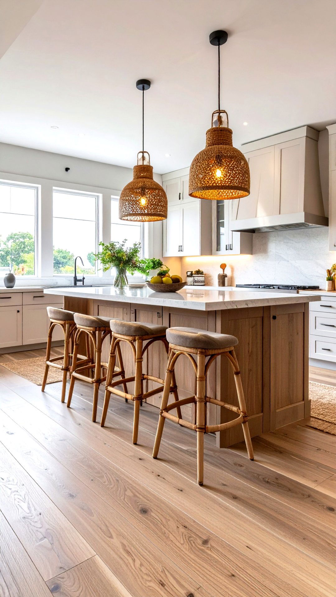 Rattan Bar Stools Anchor the Island - 25 coastal kitchen ideas