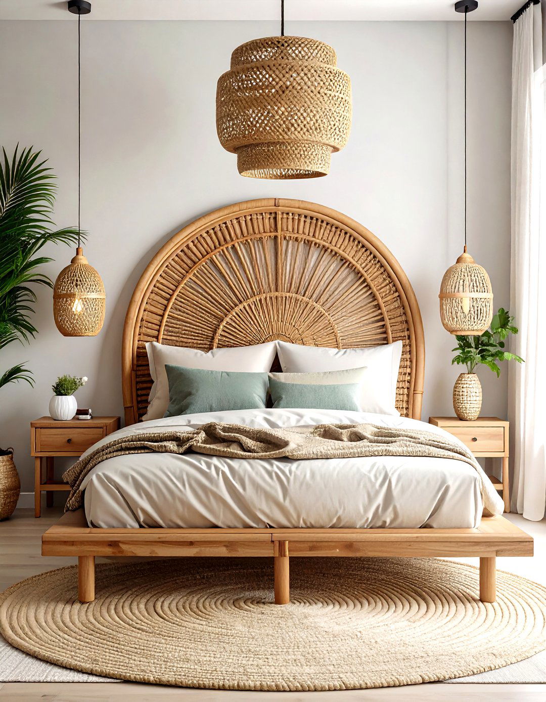 Rattan Headboards Lighten the Visual Weight - 25 70s bedroom decor ideas