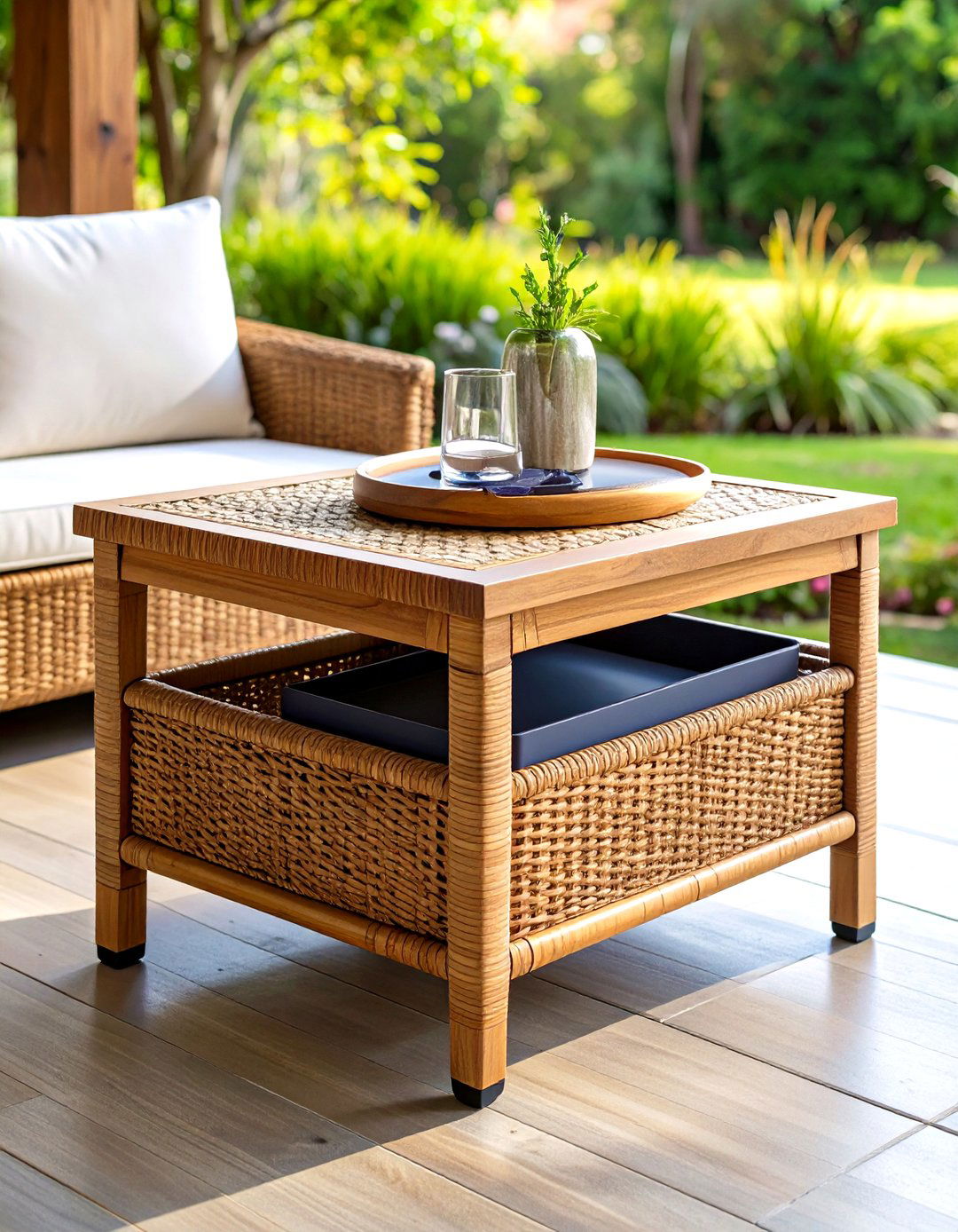 Rattan Side Table Outdoor Storage Accent - 25 outdoor storage ideas