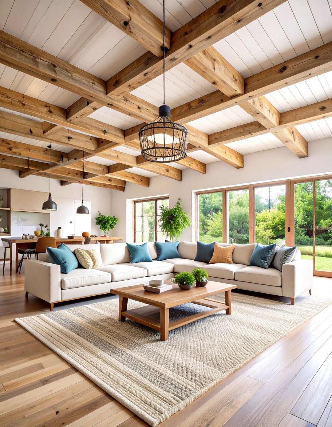 Reclaimed Wood Ceiling Beams for Quiet Drama - 25 organic modern living room design ideas