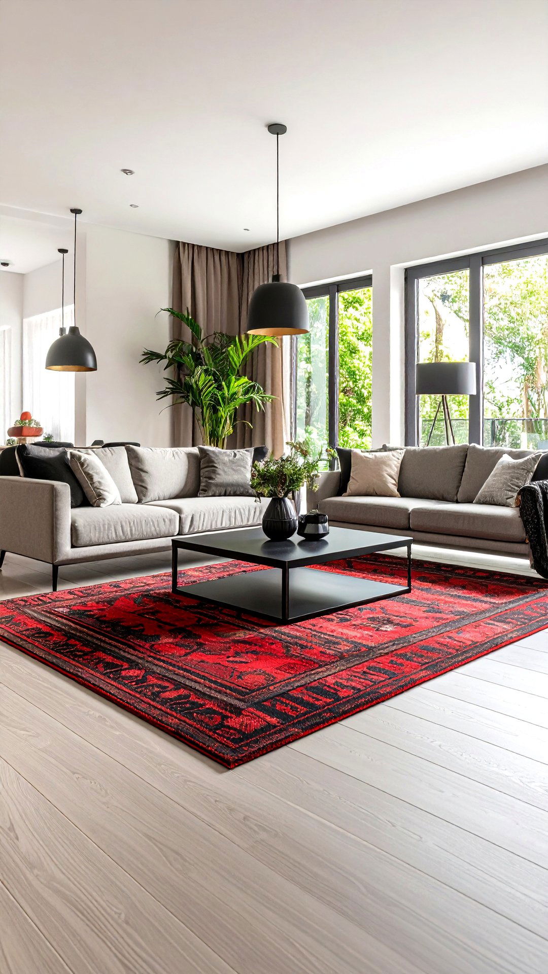 Red Feature Rug Defines an Open Plan Living Room - 25 black and red living room ideas