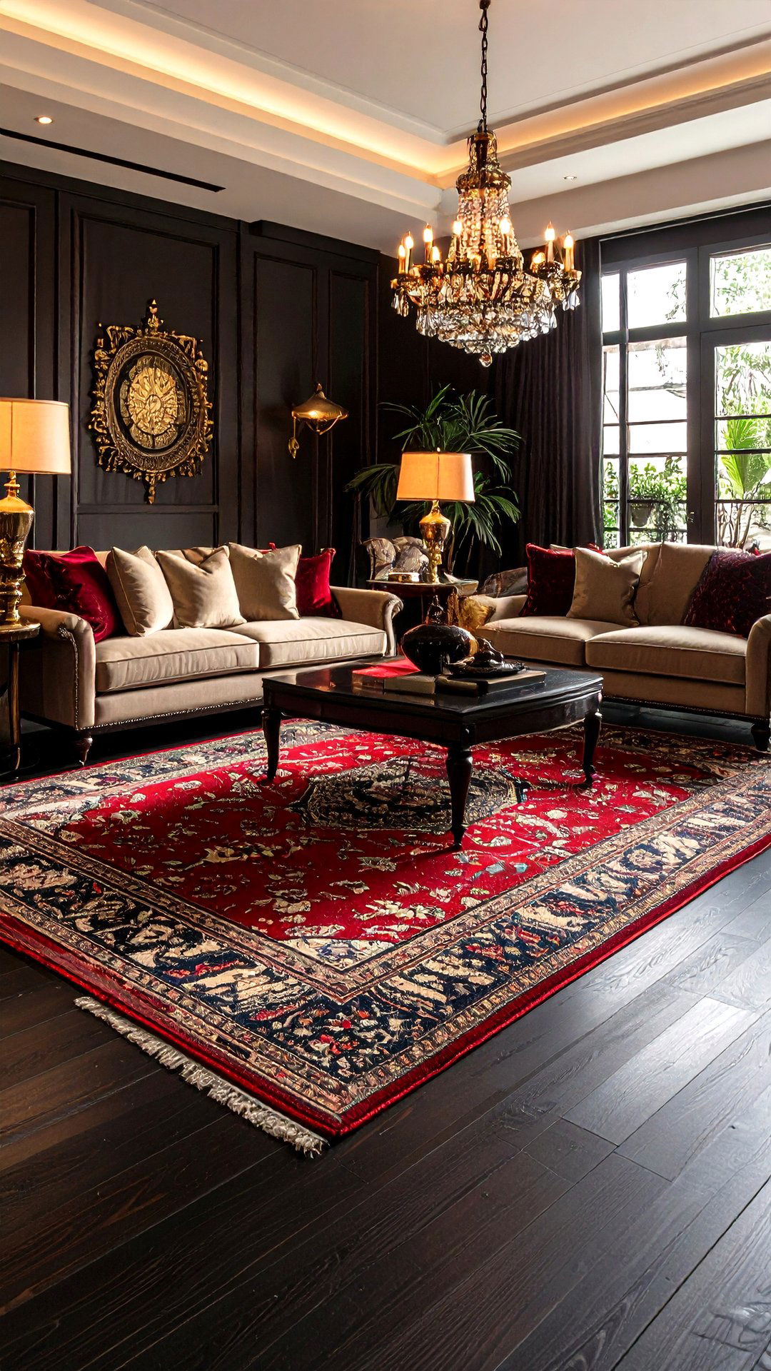 Red Persian Rug on Black Floors Adds Heritage to the Living Room - 25 black and red living room ideas