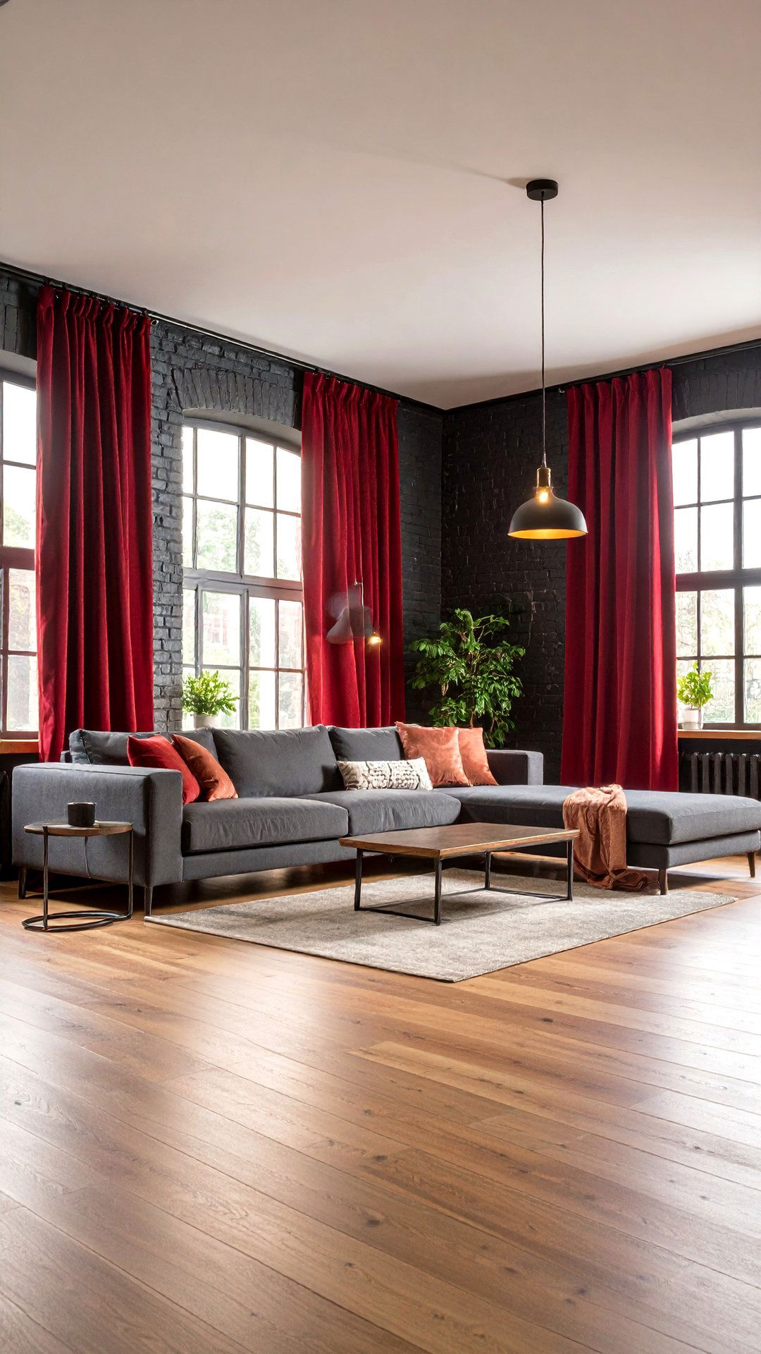 Red Velvet Curtains Frame Black Brick in the Living Room - 25 black and red living room ideas