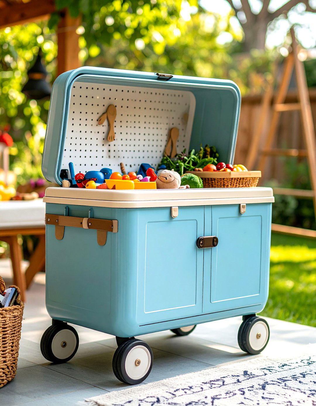 Repurposed Cooler on Wheels Turns into a Rolling Toy Bar - 25 outdoor toy storage ideas