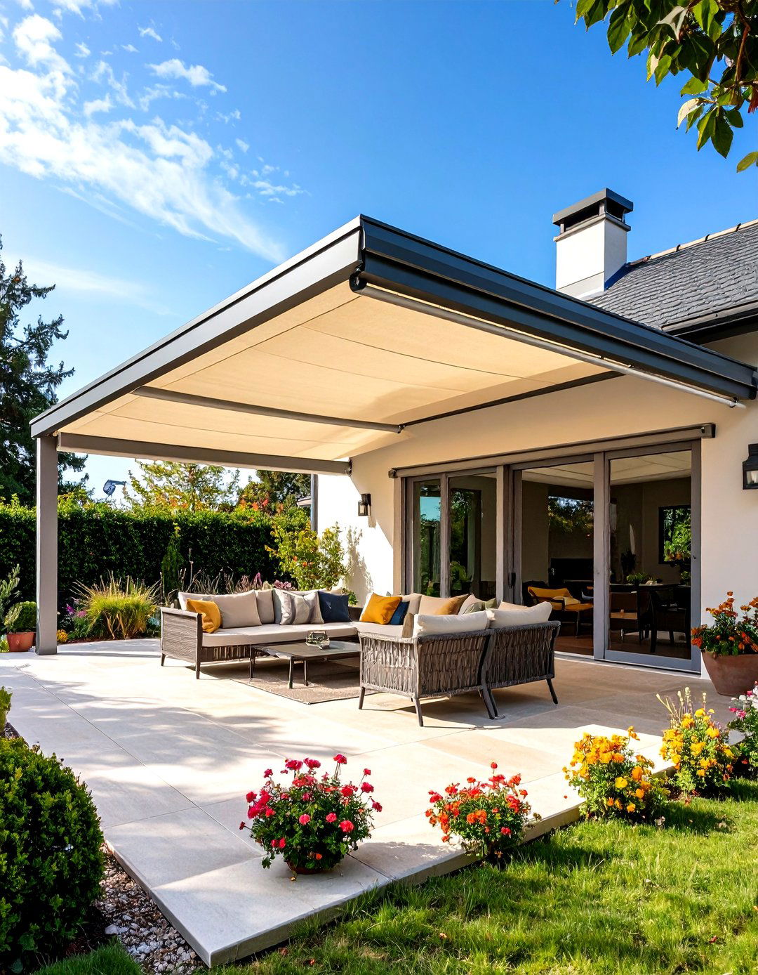 Retractable Shade Panels under Gable Roof - 25 gable patio roof design ideas