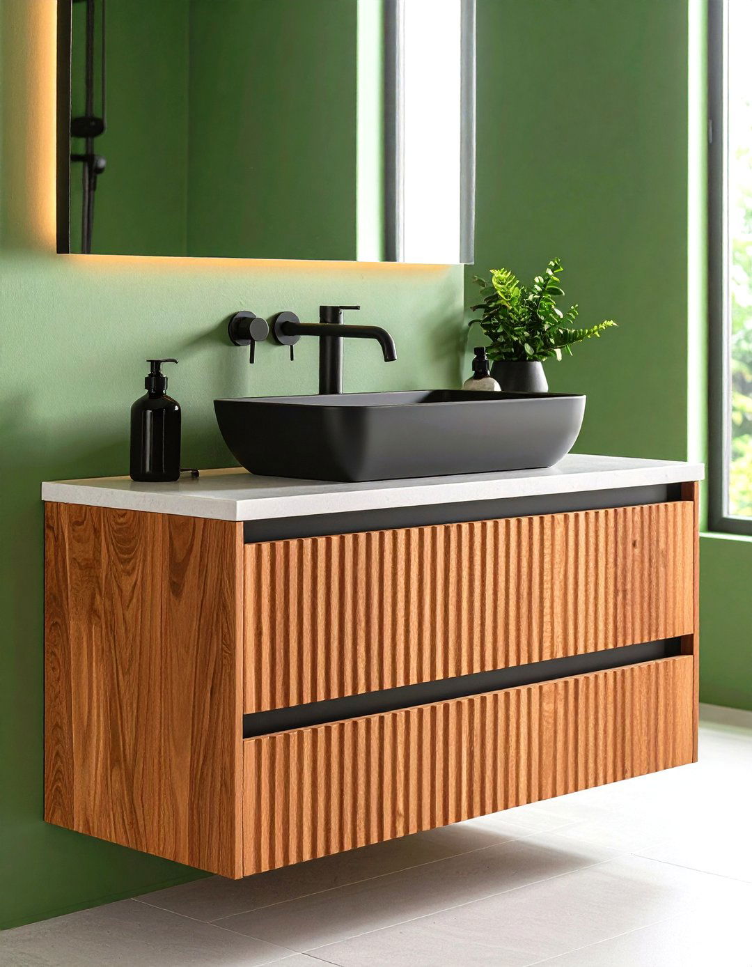 Ribbed Drawer Front Wood Vanity Offers Subtle Modern Detail - 25 Wood Bathroom Vanity Ideas