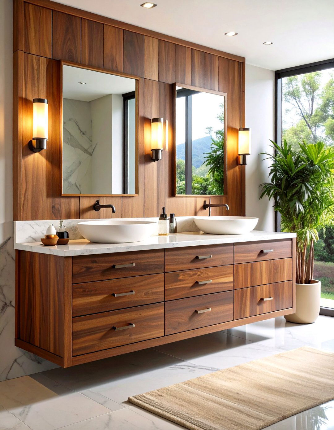 Rich Walnut Wood Bathroom Vanity Brings Cozy Warmth - 25 Wood Bathroom Vanity Ideas