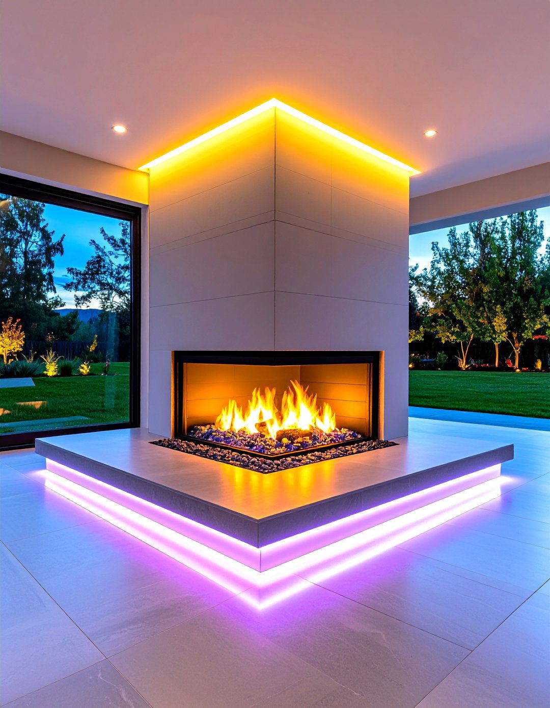 Rim the Surround with LED Glow - 25 off-center fireplace ideas