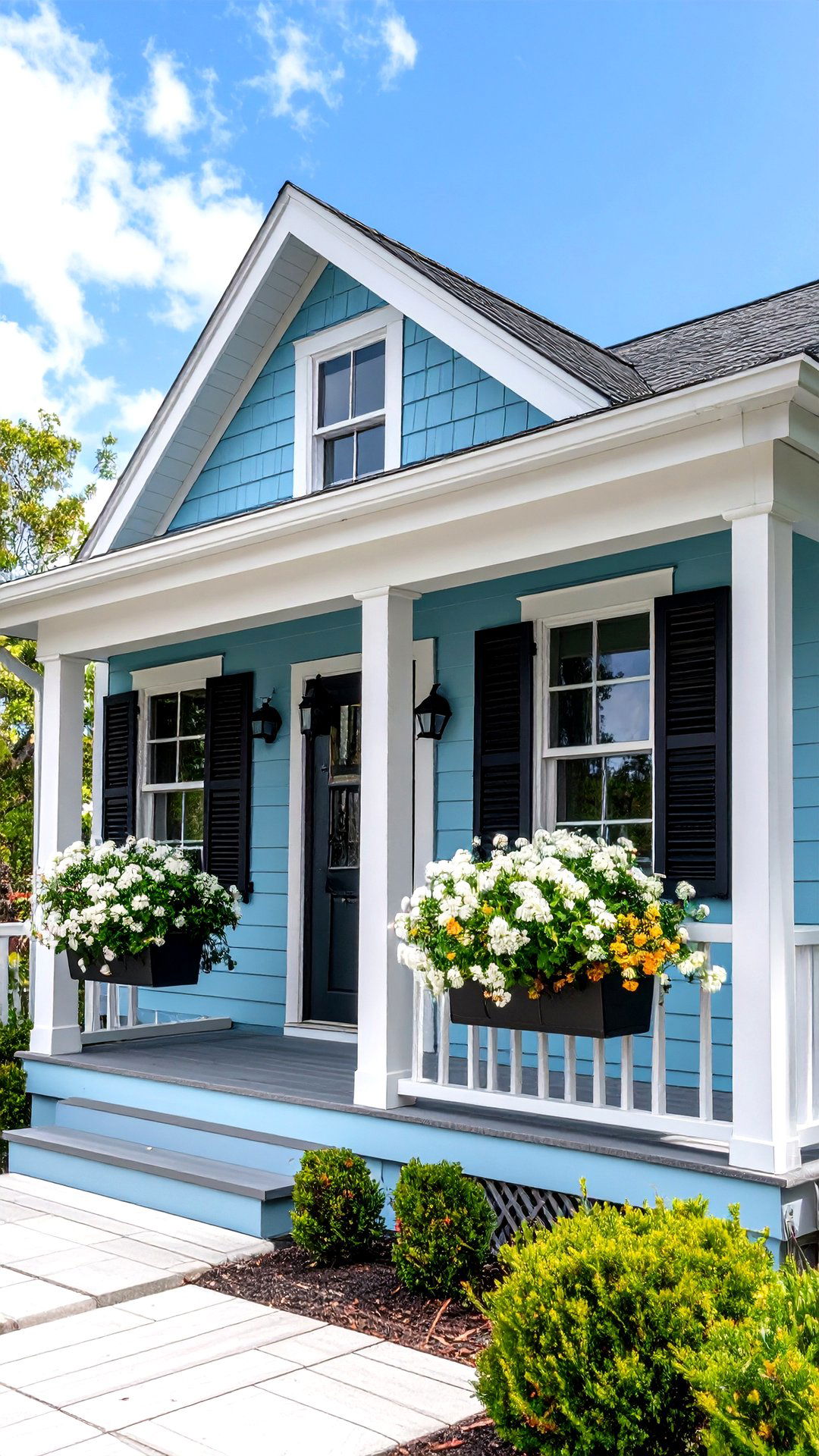 Robins Egg Blue House Bungalow with Black Window Boxes - 25 blue house with black trim ideas