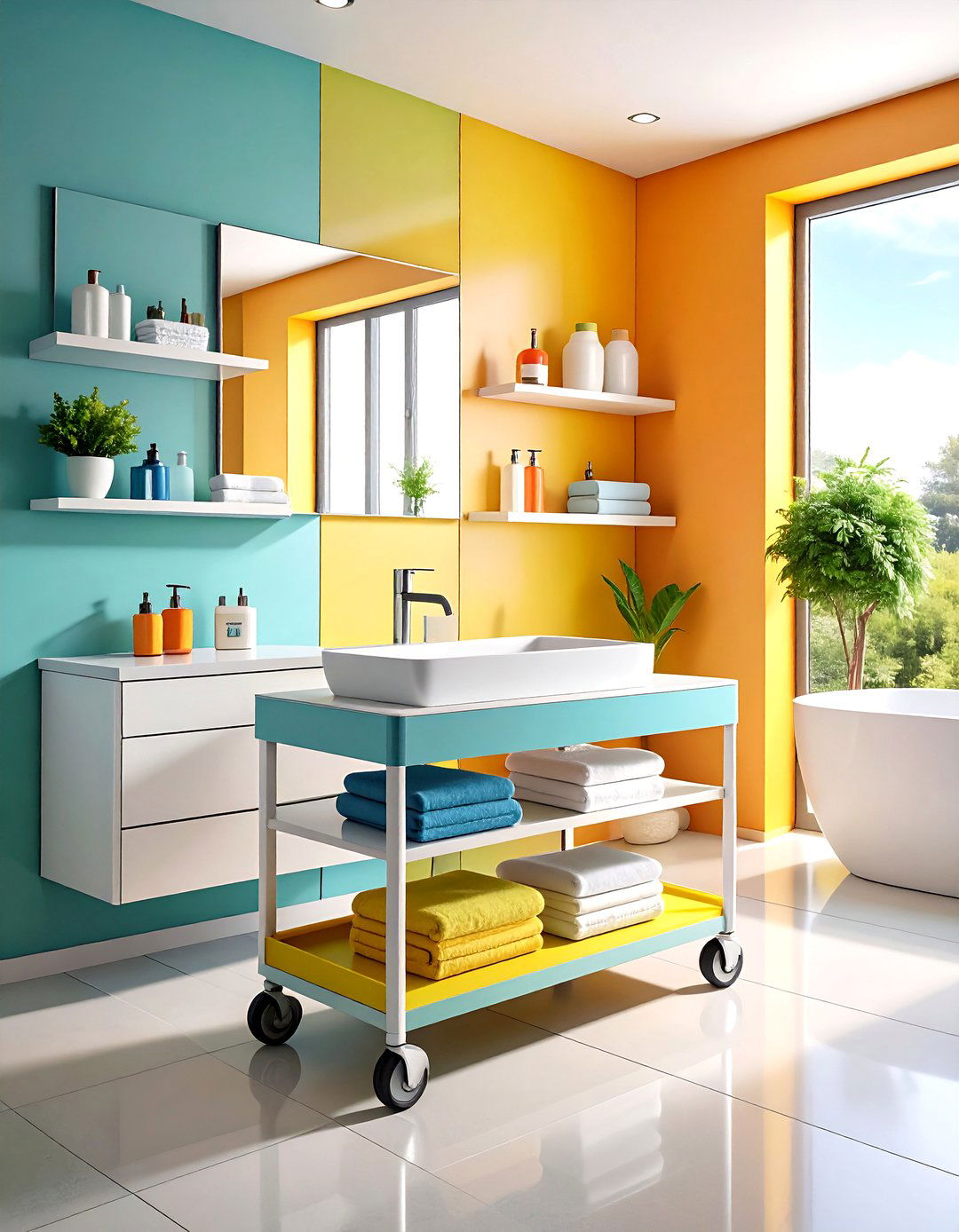 Rolling Cart Becomes a Plug and Play Vanity Extension - 25 apartment bathroom ideas