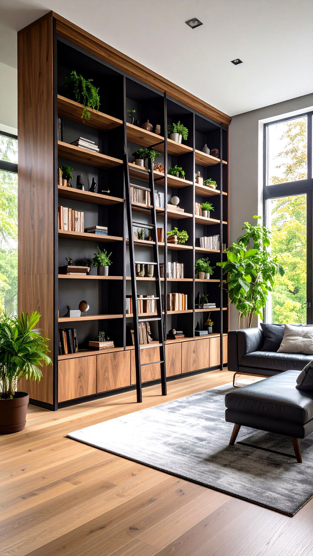 Rolling Ladder Bookcase Surrounding a Window Wall - 25 bookcases around window design ideas