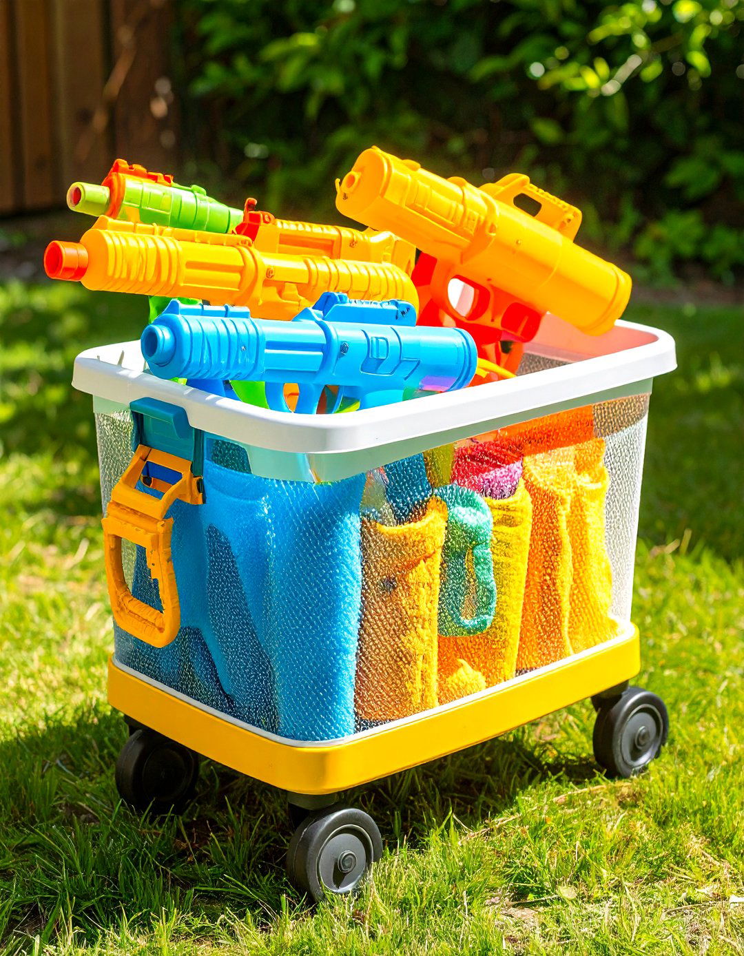 Rolling Laundry Hamper Becomes Water Gun Arsenal - 25 outdoor toy storage ideas