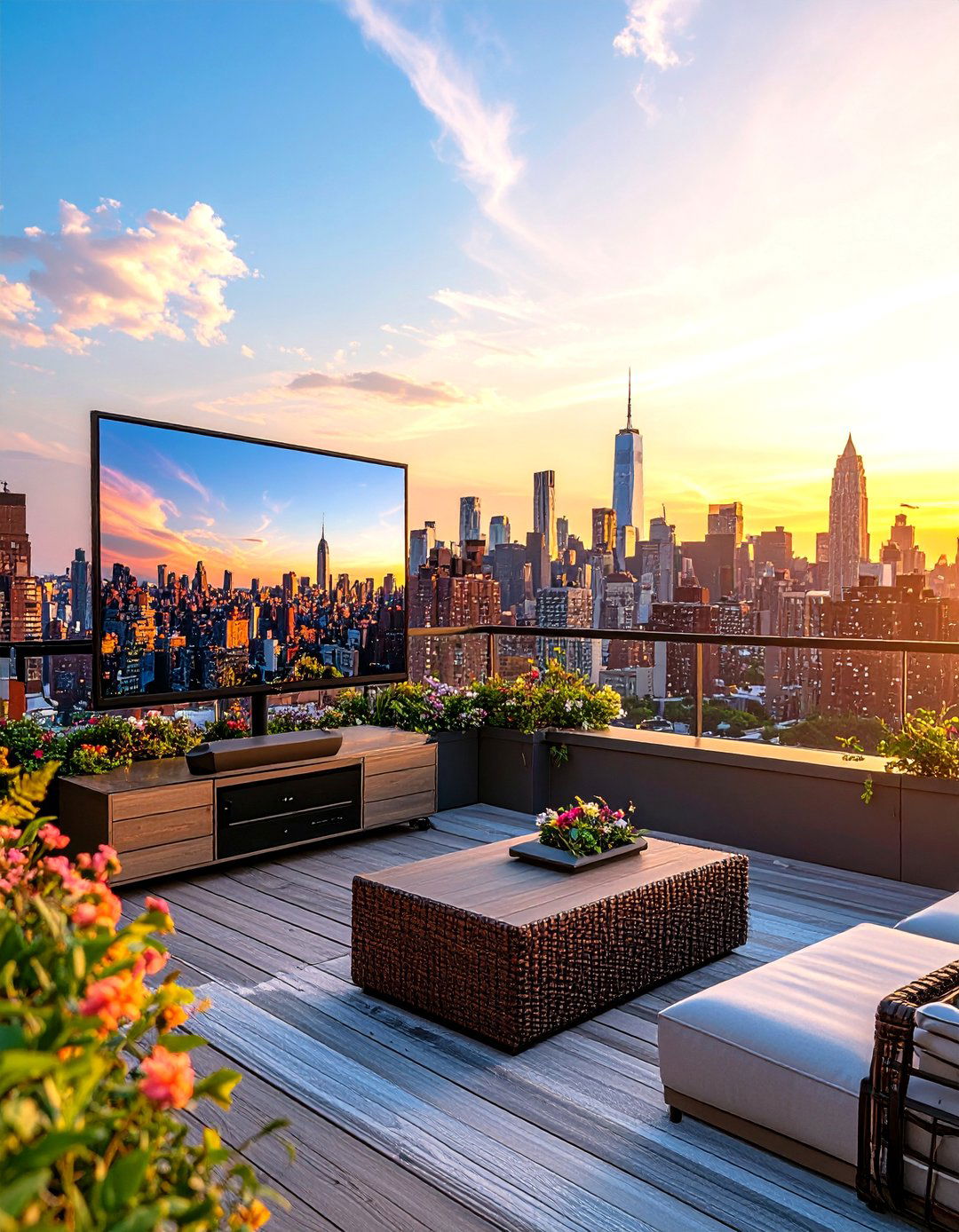 Rooftop Terrace Screen with City Views - 25 outdoor tv ideas