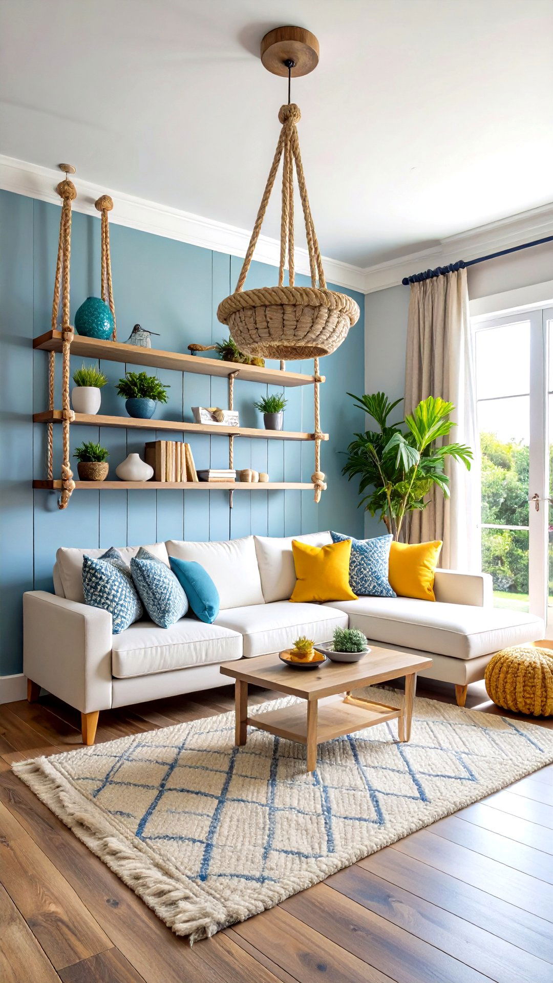 Rope Hanging Corner Shelf for Coastal Flair - 25 corner shelf ideas