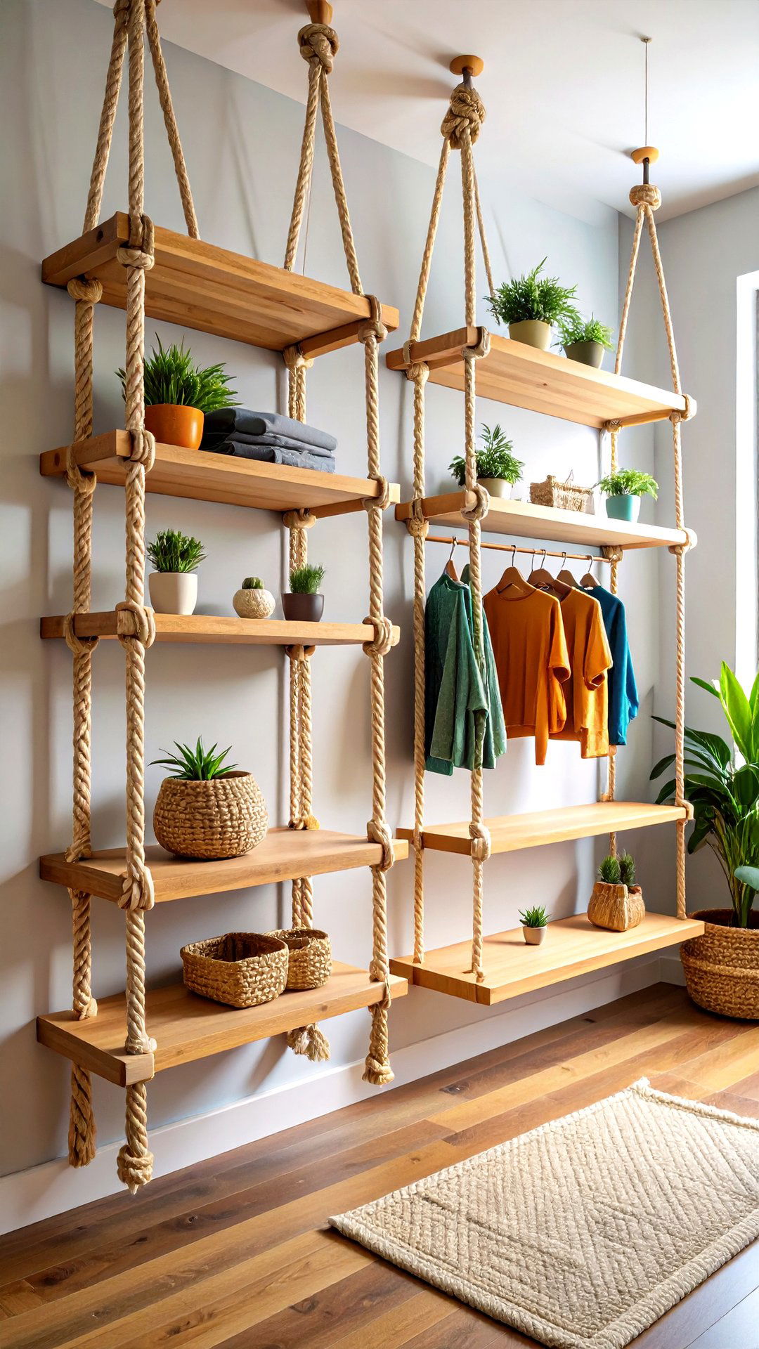 Rope Suspended Shelves for Boho Clothes Storage - 25 clothes storage ideas