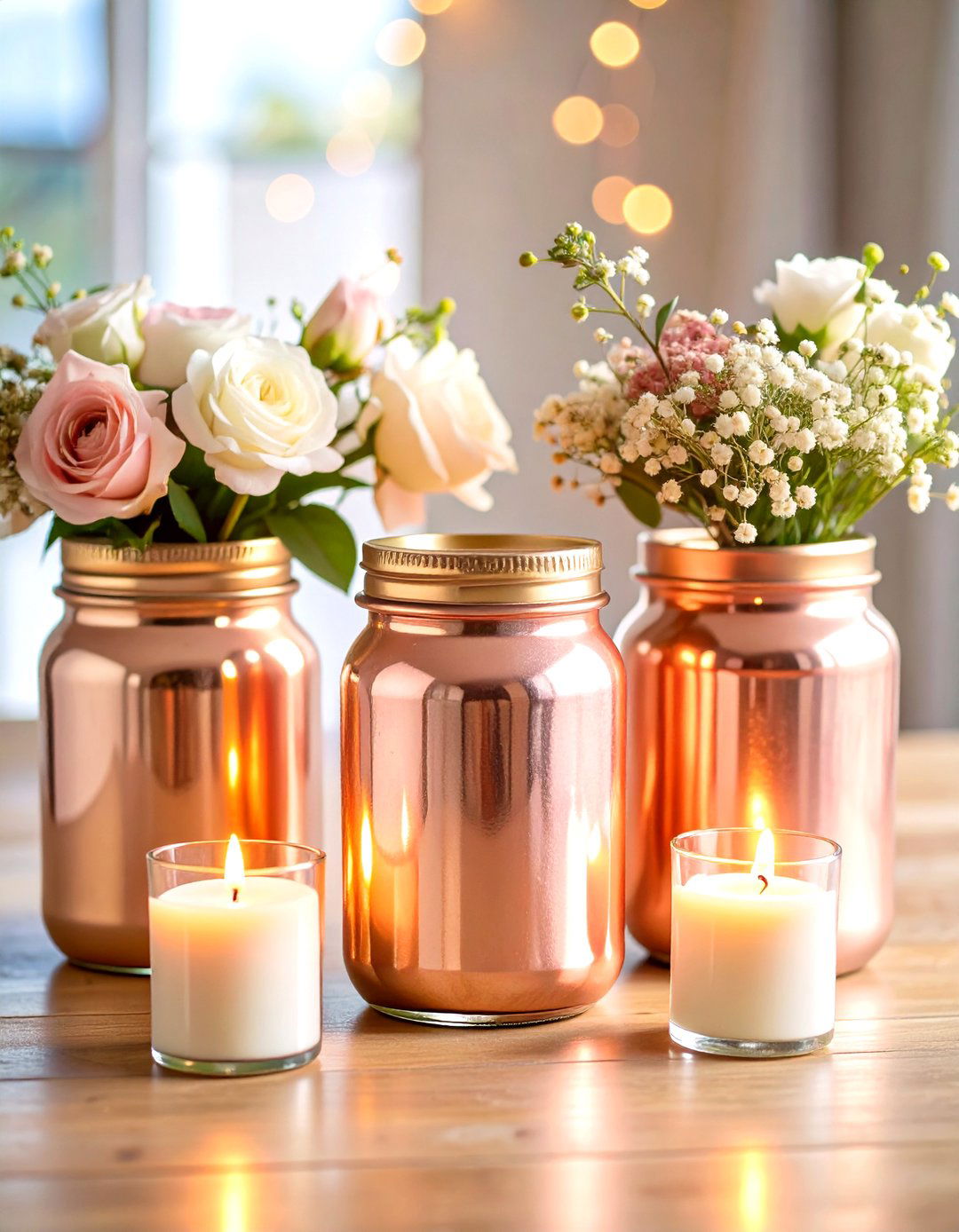 Rose Gold Metallic Trio - 25 mason jar wedding centerpieces