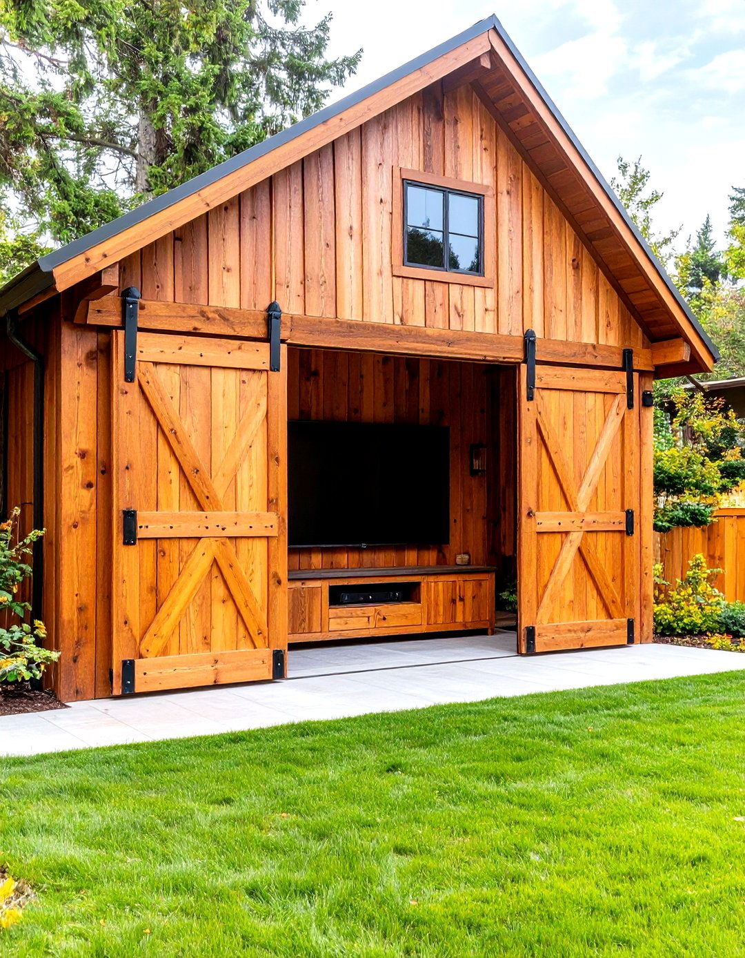 Rustic Barn Door Cover Artfully Masks Screen - 25 outdoor tv ideas