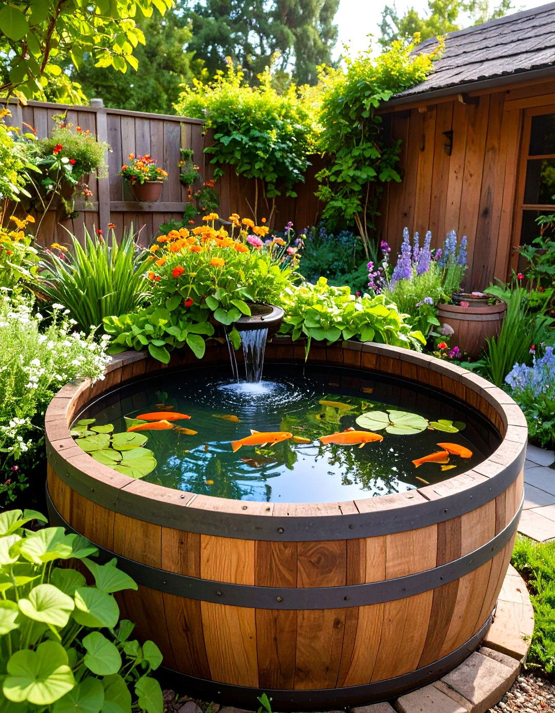 Rustic Barrel Pond with Marginals - 25 backyard pond ideas