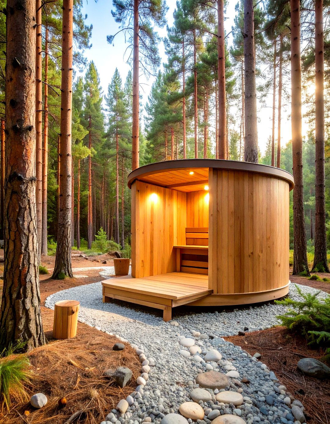 Rustic Barrel Sauna Nestled Among Pines - 25 outdoor sauna ideas
