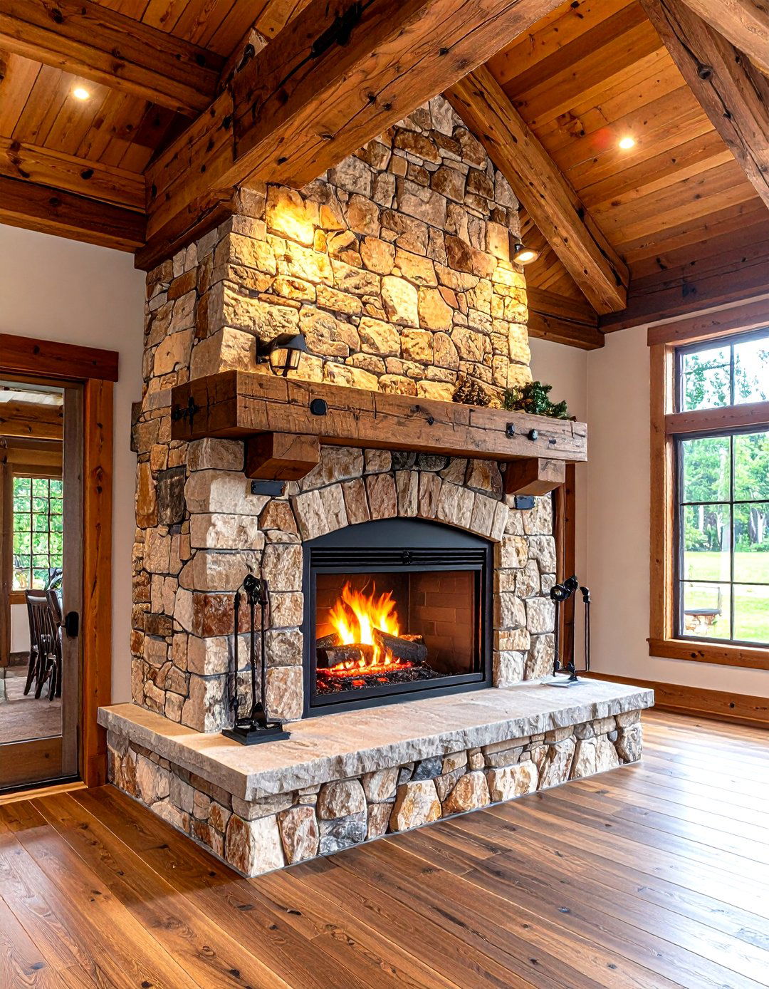 Rustic Beam and Stacked Stone Lodge Fireplace - 25 fireplace ideas