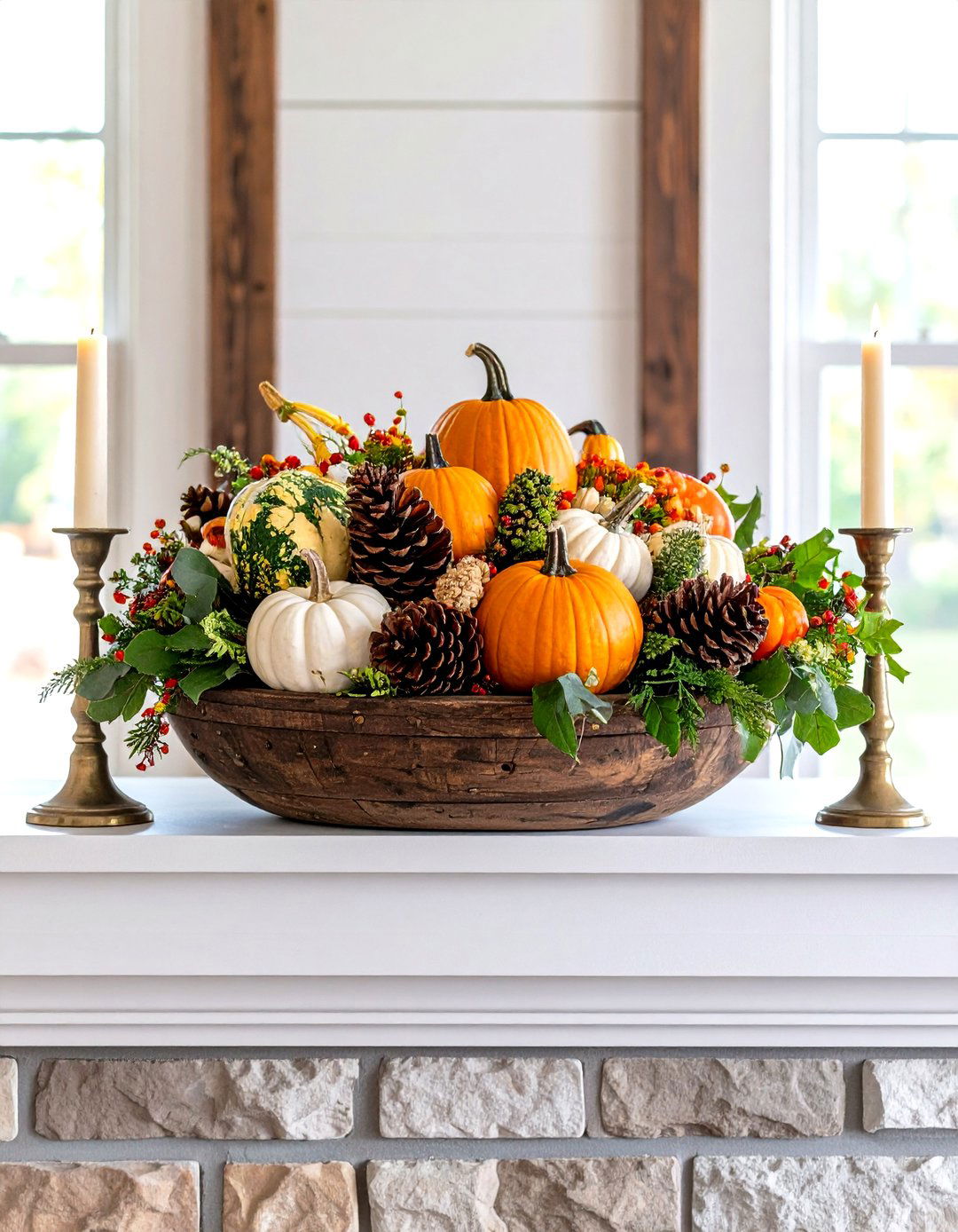 Rustic Dough Bowl Centerpiece Mantel - 25 fall mantel decor ideas