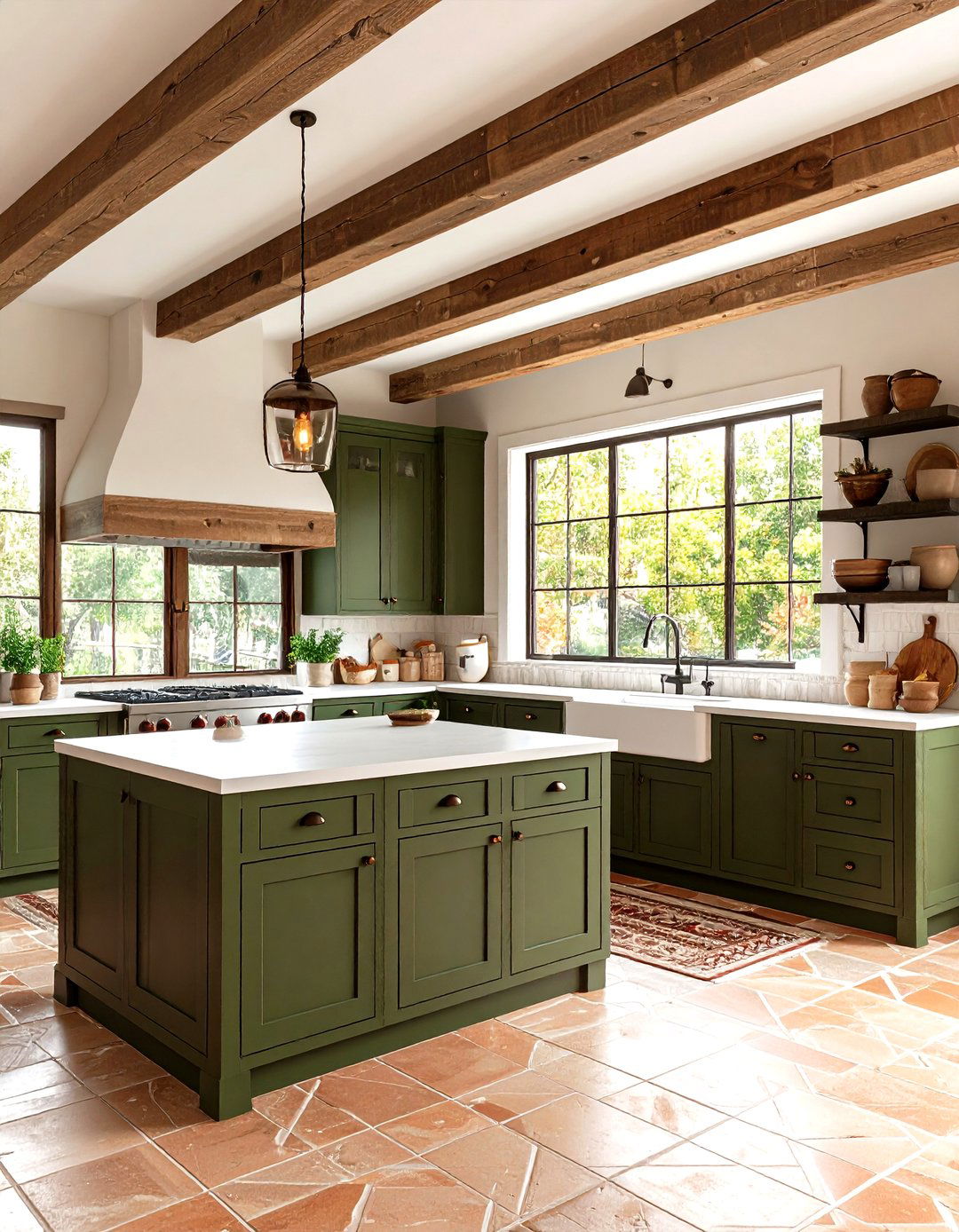 Rustic Farmhouse Olive Green Kitchen with Exposed Beams - 25 olive green kitchens