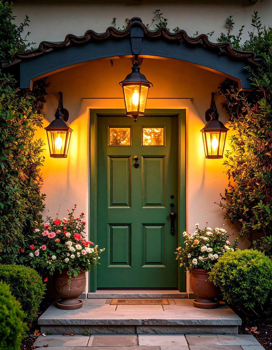 Rustic Lanterns Framing an Olive Green Front Door - 25 olive green front door ideas
